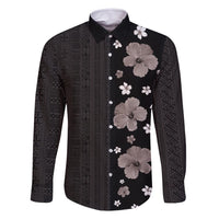 Hawaii Hibiscus and Plumeria Flowers Family Matching Off Shoulder Maxi Dress and Hawaiian Shirt Tapa Tribal Pattern Half Style Grayscale Mode LT03 Dad's Shirt - Long Sleeve Black - Polynesian Pride