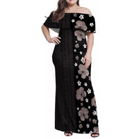 Hawaii Hibiscus and Plumeria Flowers Family Matching Off Shoulder Maxi Dress and Hawaiian Shirt Tapa Tribal Pattern Half Style Grayscale Mode LT03 Mom's Dress Black - Polynesian Pride