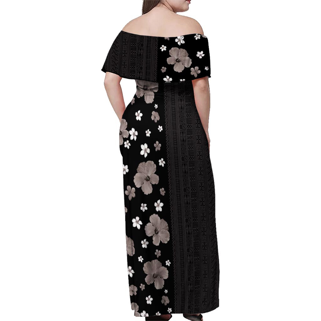 Hawaii Hibiscus and Plumeria Flowers Family Matching Off Shoulder Maxi Dress and Hawaiian Shirt Tapa Tribal Pattern Half Style Grayscale Mode LT03 - Polynesian Pride