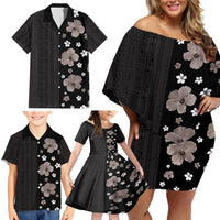 Hawaii Hibiscus and Plumeria Flowers Family Matching Off Shoulder Short Dress and Hawaiian Shirt Tapa Tribal Pattern Half Style Grayscale Mode LT03 - Polynesian Pride