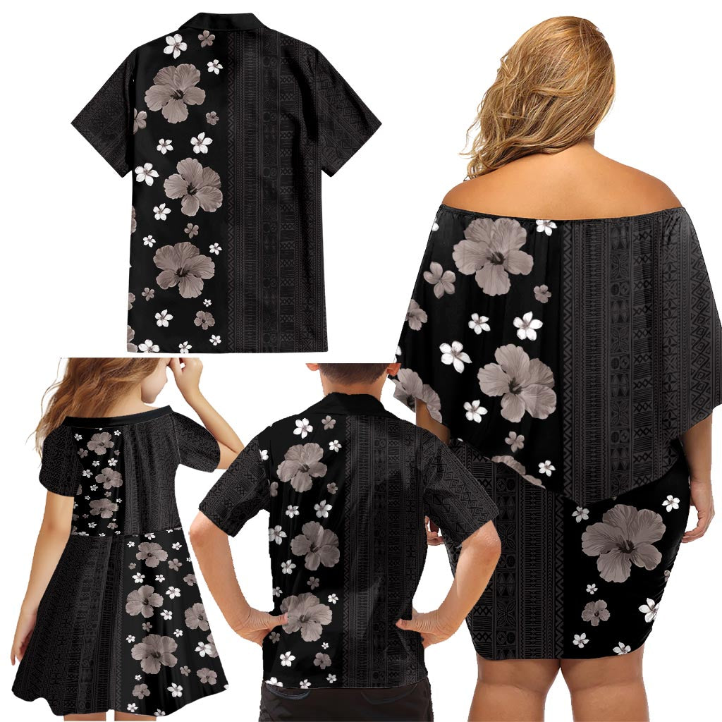 Hawaii Hibiscus and Plumeria Flowers Family Matching Off Shoulder Short Dress and Hawaiian Shirt Tapa Tribal Pattern Half Style Grayscale Mode LT03 - Polynesian Pride