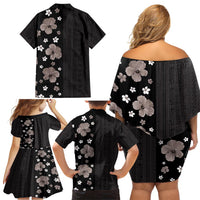 Hawaii Hibiscus and Plumeria Flowers Family Matching Off Shoulder Short Dress and Hawaiian Shirt Tapa Tribal Pattern Half Style Grayscale Mode LT03 - Polynesian Pride