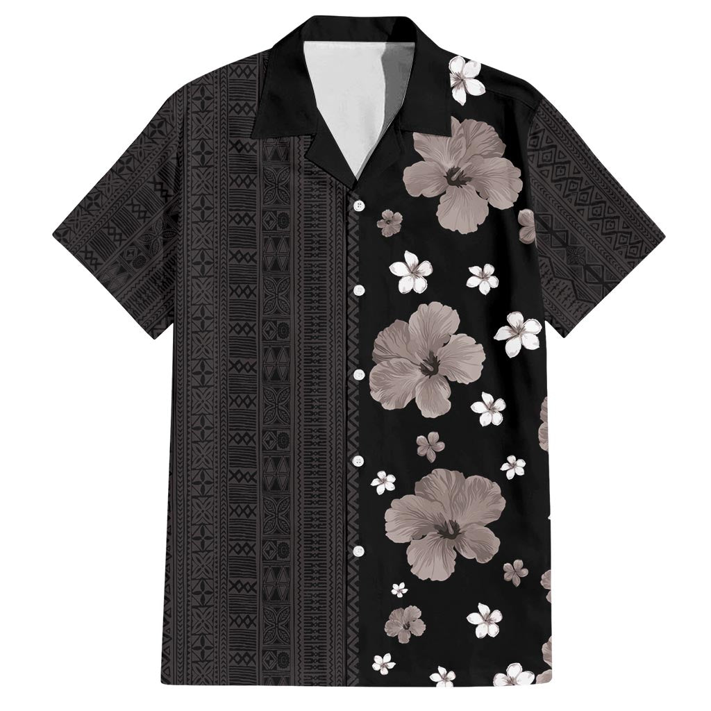 Hawaii Hibiscus and Plumeria Flowers Family Matching Off Shoulder Short Dress and Hawaiian Shirt Tapa Tribal Pattern Half Style Grayscale Mode LT03 Dad's Shirt - Short Sleeve Black - Polynesian Pride