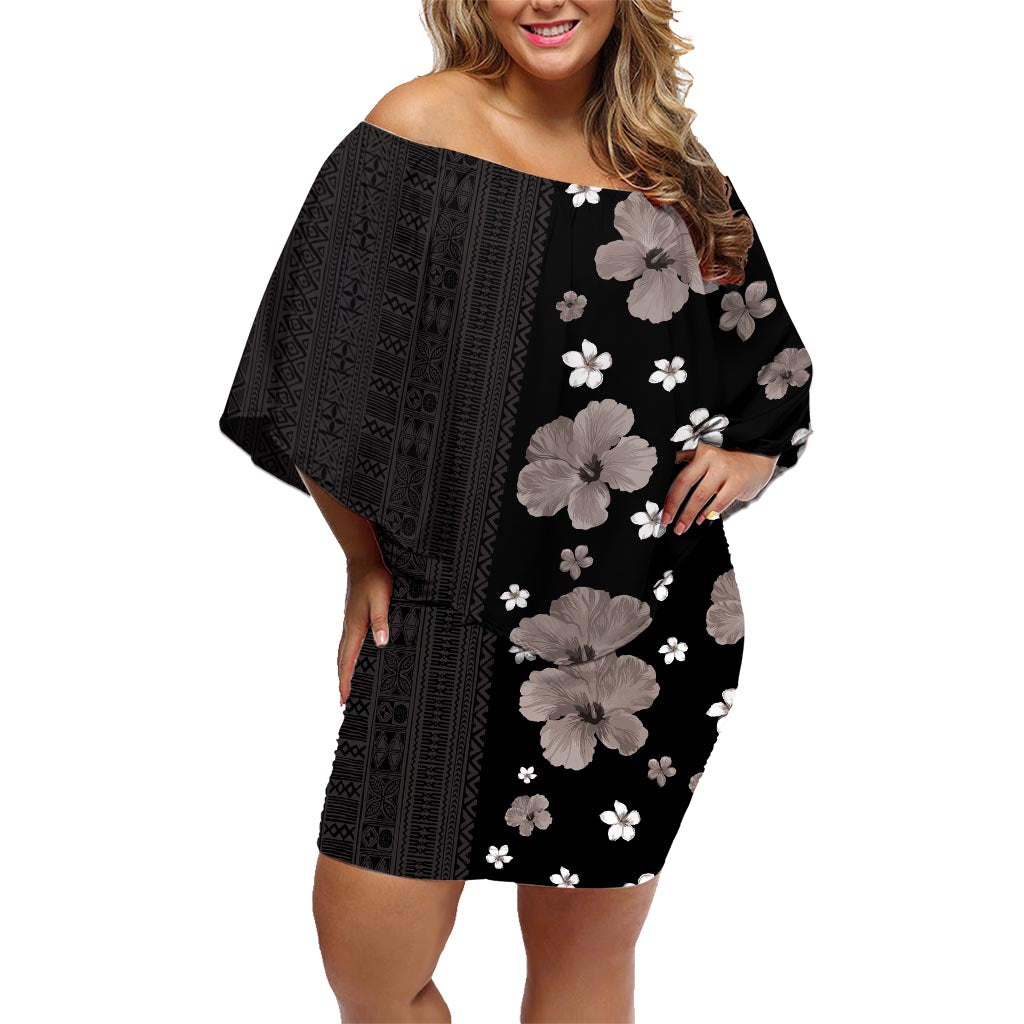 Hawaii Hibiscus and Plumeria Flowers Family Matching Off Shoulder Short Dress and Hawaiian Shirt Tapa Tribal Pattern Half Style Grayscale Mode LT03 Mom's Dress Black - Polynesian Pride