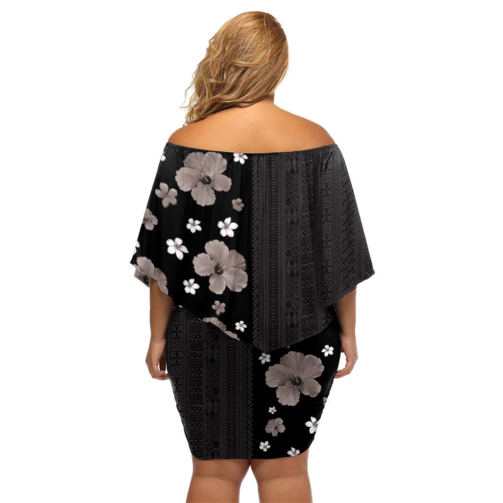 Hawaii Hibiscus and Plumeria Flowers Family Matching Off Shoulder Short Dress and Hawaiian Shirt Tapa Tribal Pattern Half Style Grayscale Mode LT03 - Polynesian Pride