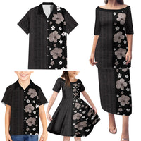 Hawaii Hibiscus and Plumeria Flowers Family Matching Puletasi and Hawaiian Shirt Tapa Tribal Pattern Half Style Grayscale Mode LT03 - Polynesian Pride