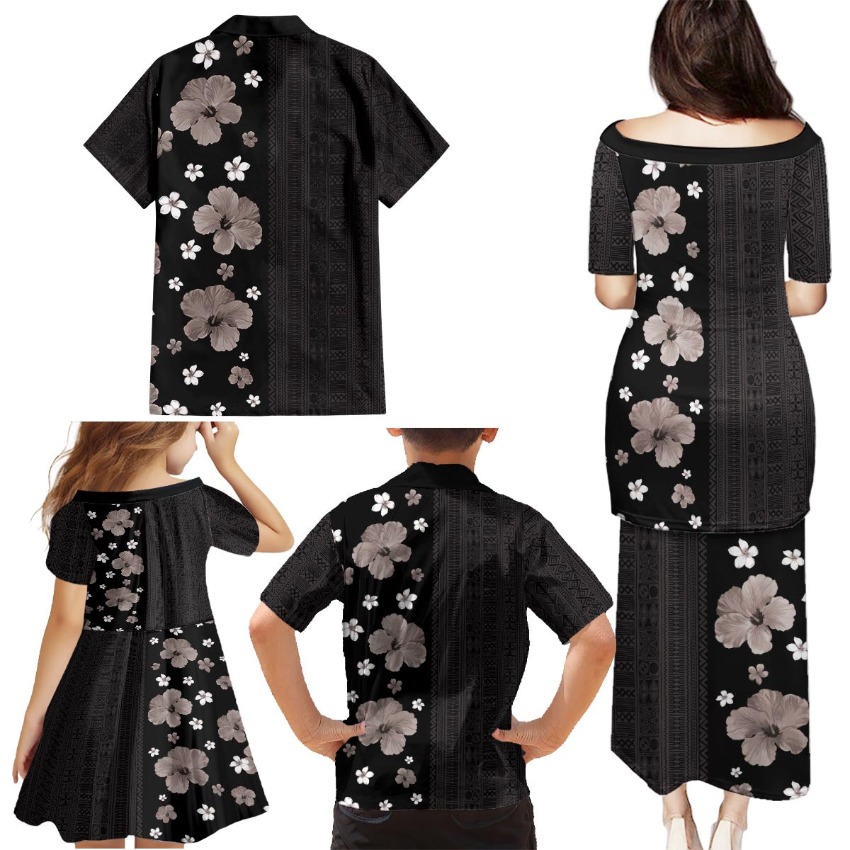 Hawaii Hibiscus and Plumeria Flowers Family Matching Puletasi and Hawaiian Shirt Tapa Tribal Pattern Half Style Grayscale Mode LT03 - Polynesian Pride