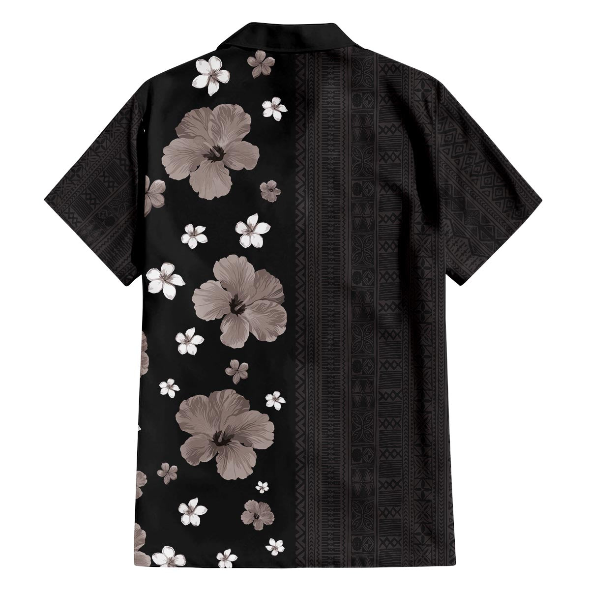 Hawaii Hibiscus and Plumeria Flowers Family Matching Puletasi and Hawaiian Shirt Tapa Tribal Pattern Half Style Grayscale Mode LT03 - Polynesian Pride