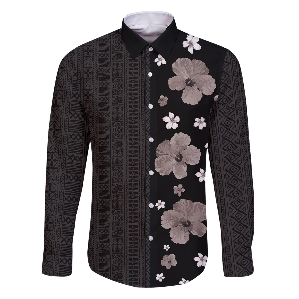 Hawaii Hibiscus and Plumeria Flowers Family Matching Puletasi and Hawaiian Shirt Tapa Tribal Pattern Half Style Grayscale Mode LT03 Dad's Shirt - Long Sleeve Black - Polynesian Pride