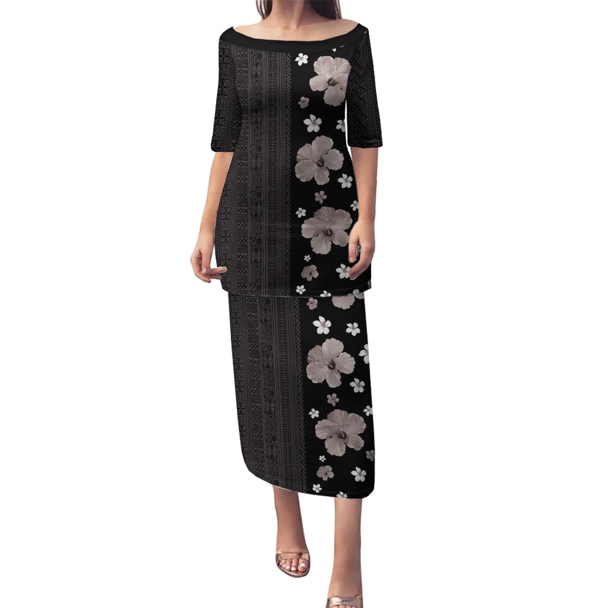 Hawaii Hibiscus and Plumeria Flowers Family Matching Puletasi and Hawaiian Shirt Tapa Tribal Pattern Half Style Grayscale Mode LT03 Mom's Dress Black - Polynesian Pride