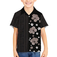 Hawaii Hibiscus and Plumeria Flowers Family Matching Puletasi and Hawaiian Shirt Tapa Tribal Pattern Half Style Grayscale Mode LT03 Son's Shirt Black - Polynesian Pride