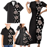 Hawaii Hibiscus and Plumeria Flowers Family Matching Short Sleeve Bodycon Dress and Hawaiian Shirt Tapa Tribal Pattern Half Style Grayscale Mode LT03 - Polynesian Pride