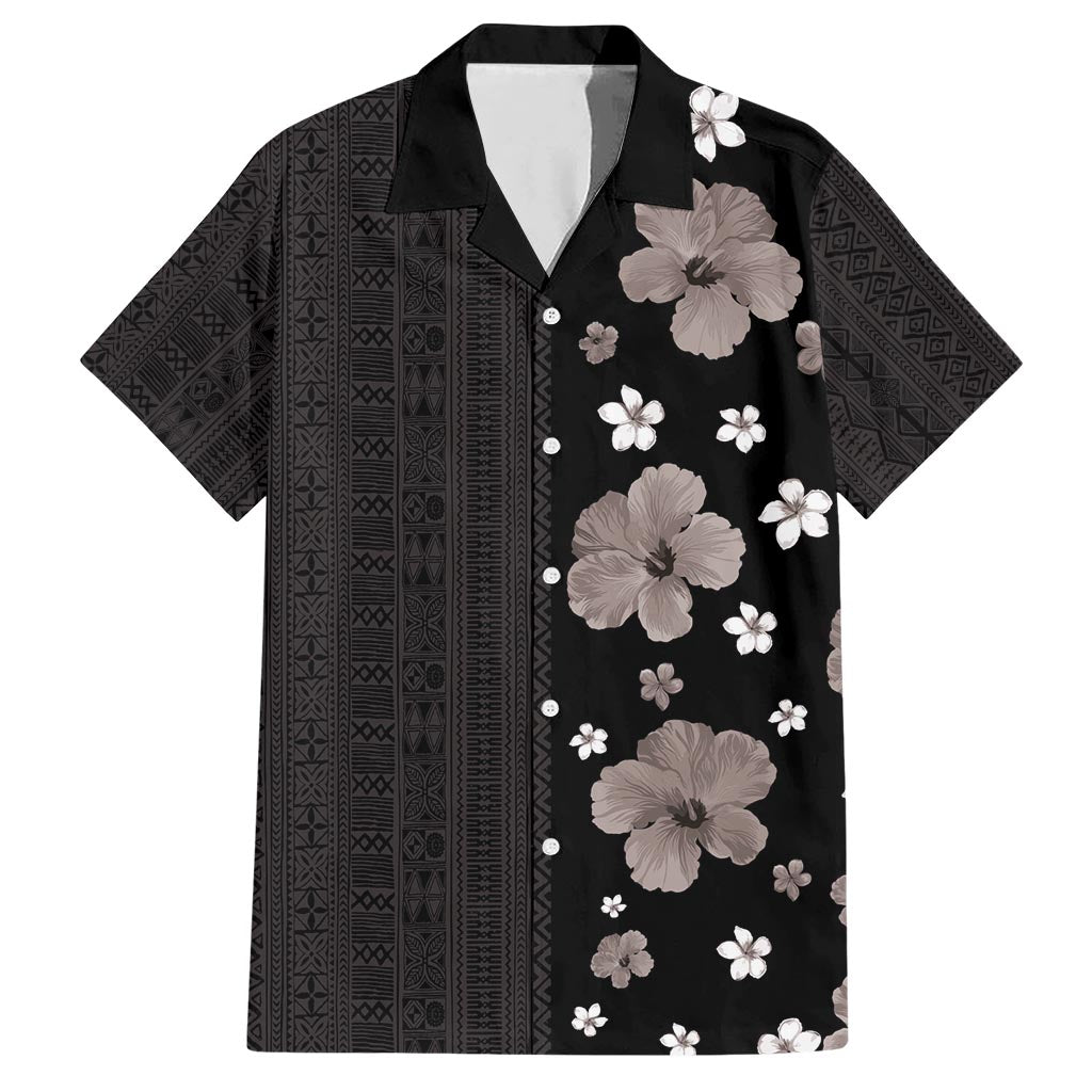 Hawaii Hibiscus and Plumeria Flowers Family Matching Short Sleeve Bodycon Dress and Hawaiian Shirt Tapa Tribal Pattern Half Style Grayscale Mode LT03 Dad's Shirt - Short Sleeve Black - Polynesian Pride