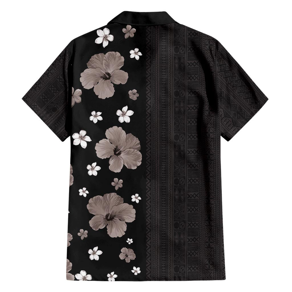 Hawaii Hibiscus and Plumeria Flowers Family Matching Short Sleeve Bodycon Dress and Hawaiian Shirt Tapa Tribal Pattern Half Style Grayscale Mode LT03 - Polynesian Pride