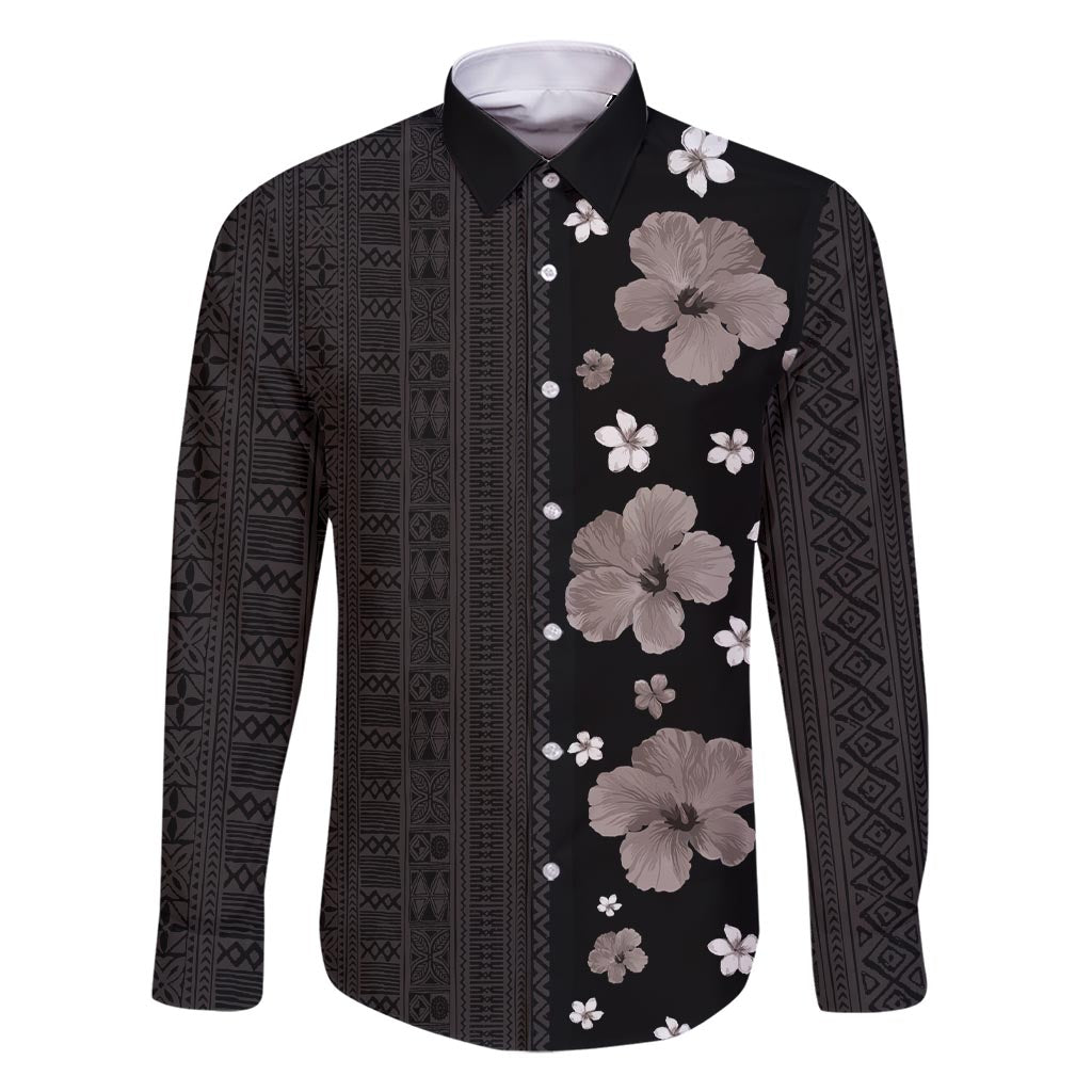 Hawaii Hibiscus and Plumeria Flowers Family Matching Short Sleeve Bodycon Dress and Hawaiian Shirt Tapa Tribal Pattern Half Style Grayscale Mode LT03 Dad's Shirt - Long Sleeve Black - Polynesian Pride