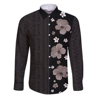 Hawaii Hibiscus and Plumeria Flowers Family Matching Short Sleeve Bodycon Dress and Hawaiian Shirt Tapa Tribal Pattern Half Style Grayscale Mode LT03 Dad's Shirt - Long Sleeve Black - Polynesian Pride