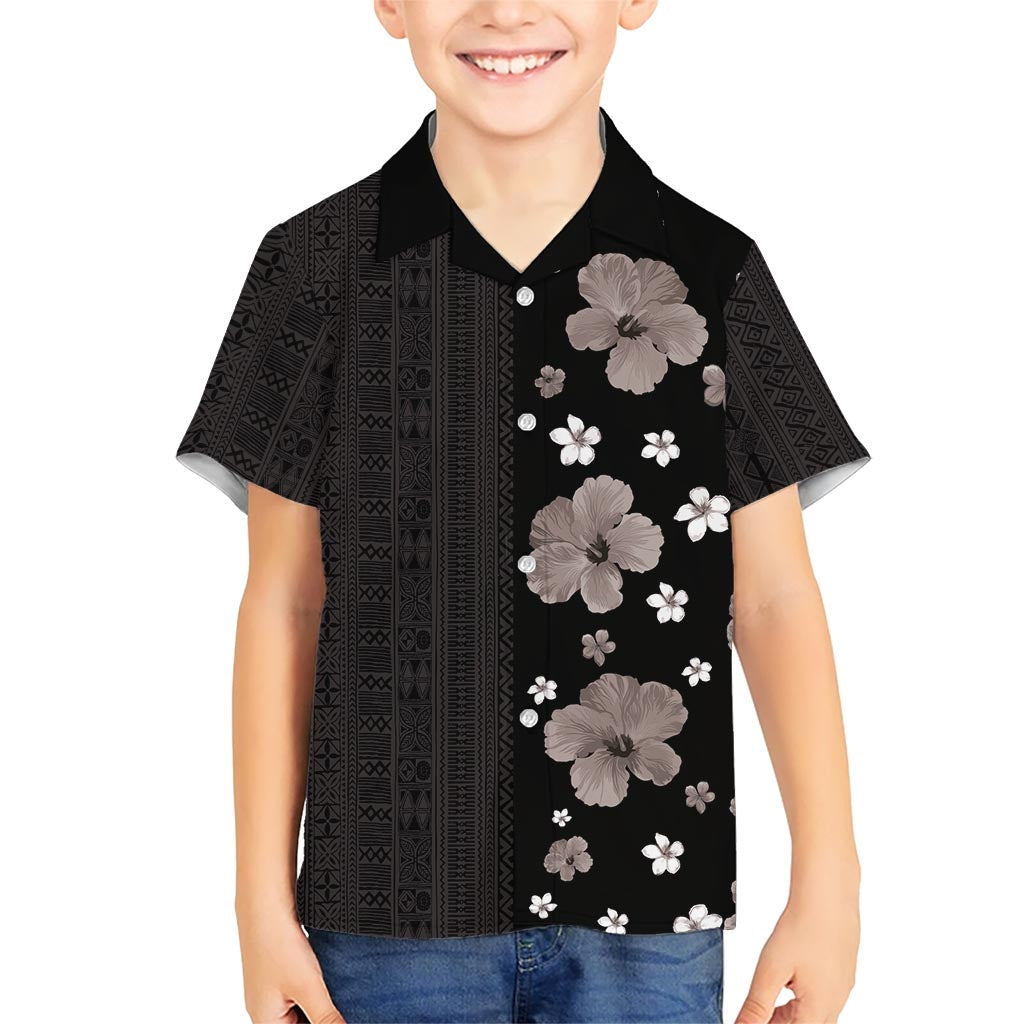 Hawaii Hibiscus and Plumeria Flowers Family Matching Short Sleeve Bodycon Dress and Hawaiian Shirt Tapa Tribal Pattern Half Style Grayscale Mode LT03 Son's Shirt Black - Polynesian Pride