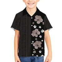 Hawaii Hibiscus and Plumeria Flowers Family Matching Short Sleeve Bodycon Dress and Hawaiian Shirt Tapa Tribal Pattern Half Style Grayscale Mode LT03 Son's Shirt Black - Polynesian Pride
