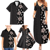 Hawaii Hibiscus and Plumeria Flowers Family Matching Summer Maxi Dress and Hawaiian Shirt Tapa Tribal Pattern Half Style Grayscale Mode LT03 - Polynesian Pride