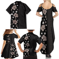 Hawaii Hibiscus and Plumeria Flowers Family Matching Summer Maxi Dress and Hawaiian Shirt Tapa Tribal Pattern Half Style Grayscale Mode LT03 - Polynesian Pride