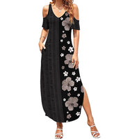 Hawaii Hibiscus and Plumeria Flowers Family Matching Summer Maxi Dress and Hawaiian Shirt Tapa Tribal Pattern Half Style Grayscale Mode LT03 Mom's Dress Black - Polynesian Pride