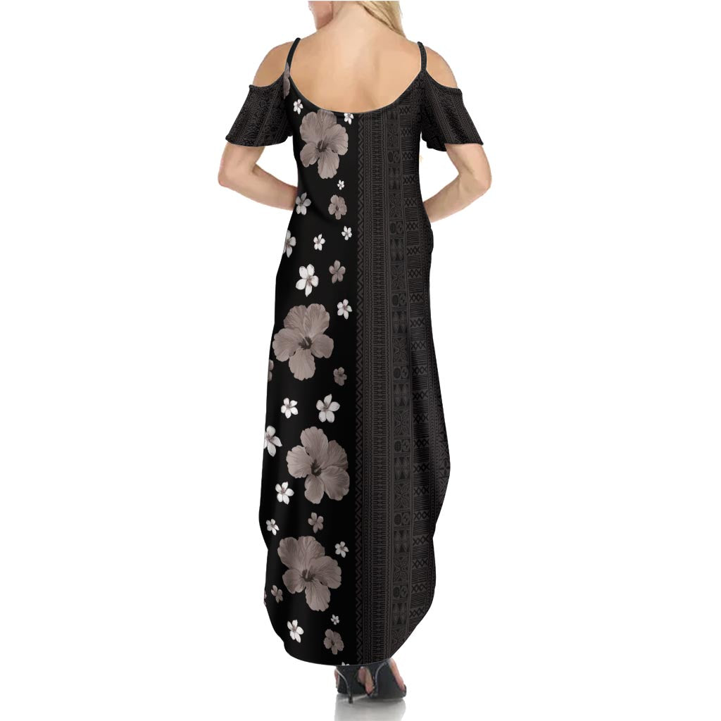 Hawaii Hibiscus and Plumeria Flowers Family Matching Summer Maxi Dress and Hawaiian Shirt Tapa Tribal Pattern Half Style Grayscale Mode LT03 - Polynesian Pride