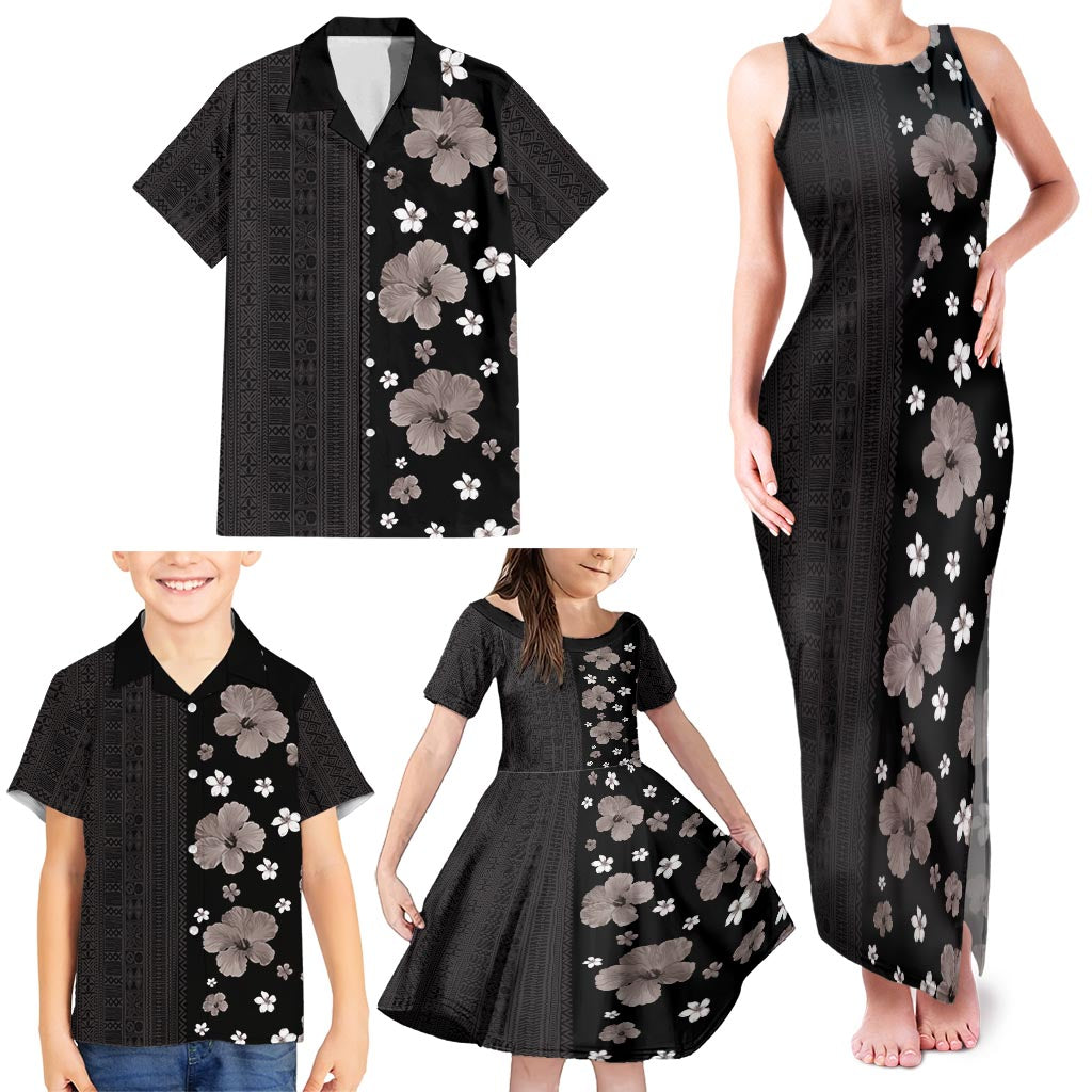 Hawaii Hibiscus and Plumeria Flowers Family Matching Tank Maxi Dress and Hawaiian Shirt Tapa Tribal Pattern Half Style Grayscale Mode LT03 - Polynesian Pride