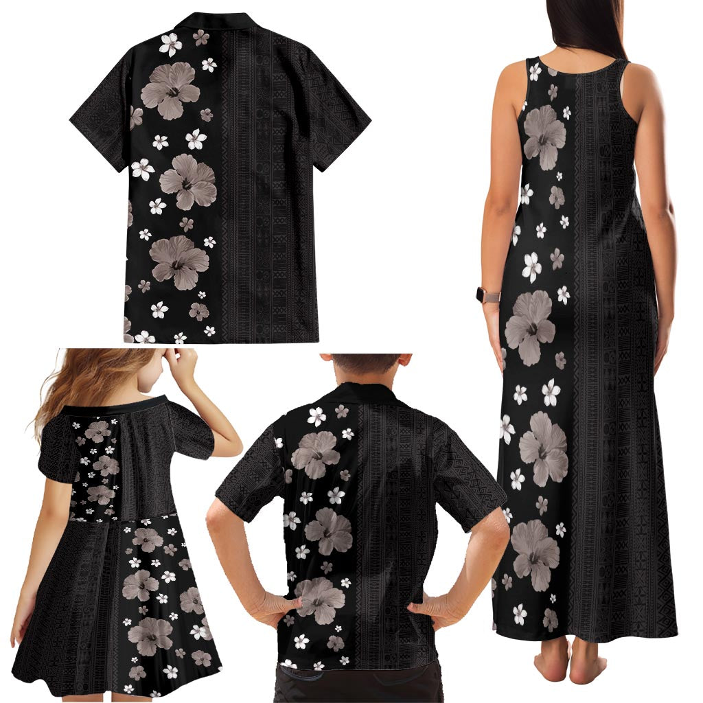 Hawaii Hibiscus and Plumeria Flowers Family Matching Tank Maxi Dress and Hawaiian Shirt Tapa Tribal Pattern Half Style Grayscale Mode LT03 - Polynesian Pride