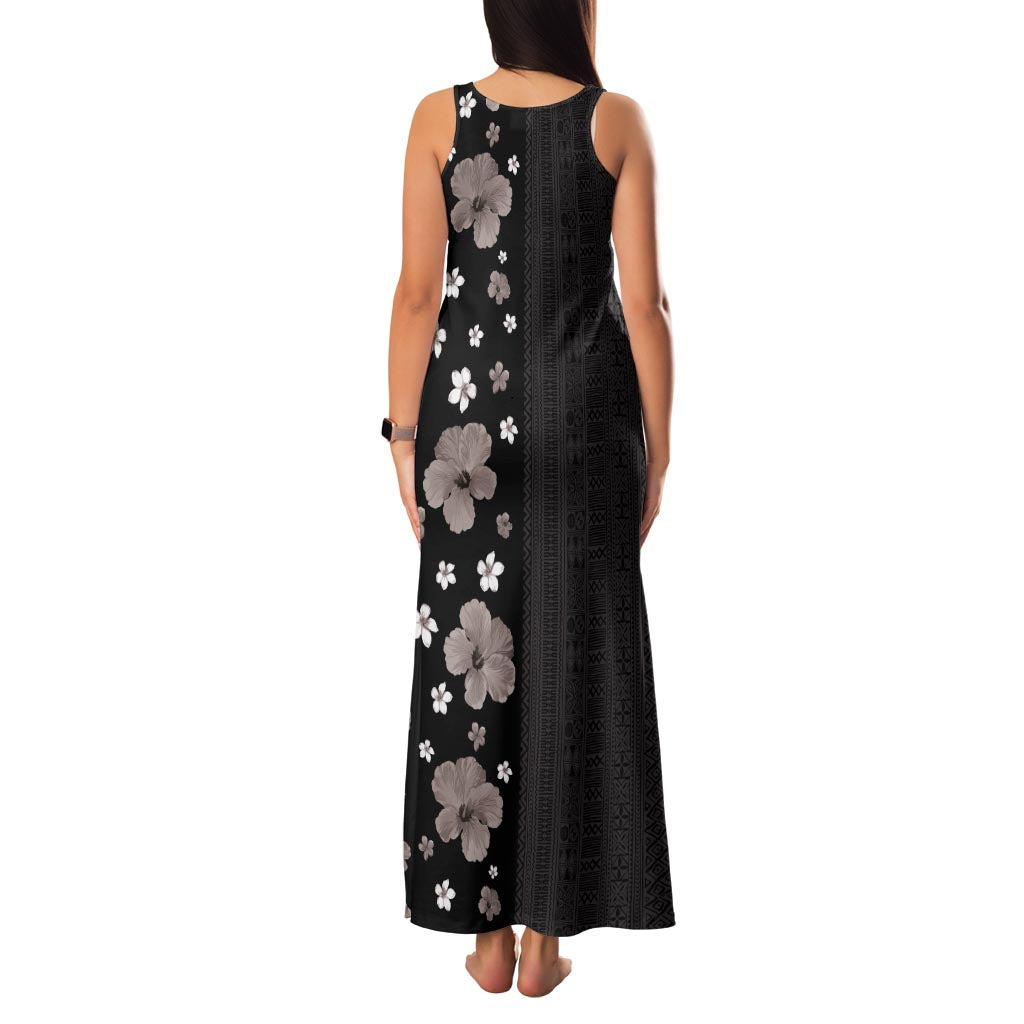 Hawaii Hibiscus and Plumeria Flowers Family Matching Tank Maxi Dress and Hawaiian Shirt Tapa Tribal Pattern Half Style Grayscale Mode LT03 - Polynesian Pride