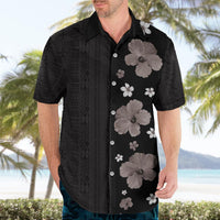 Hawaii Hibiscus and Plumeria Flowers Hawaiian Shirt Tapa Tribal Pattern Half Style Grayscale Mode