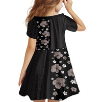 Hawaii Hibiscus and Plumeria Flowers Kid Short Sleeve Dress Tapa Tribal Pattern Half Style Grayscale Mode