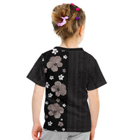 Hawaii Hibiscus and Plumeria Flowers Kid T Shirt Tapa Tribal Pattern Half Style Grayscale Mode