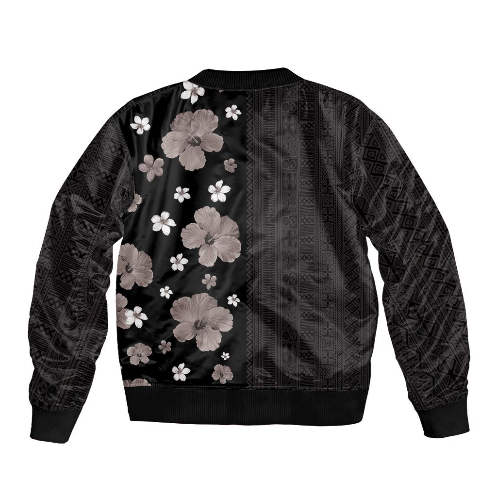 Hawaii Hibiscus and Plumeria Flowers Sleeve Zip Bomber Jacket Tapa Tribal Pattern Half Style Grayscale Mode