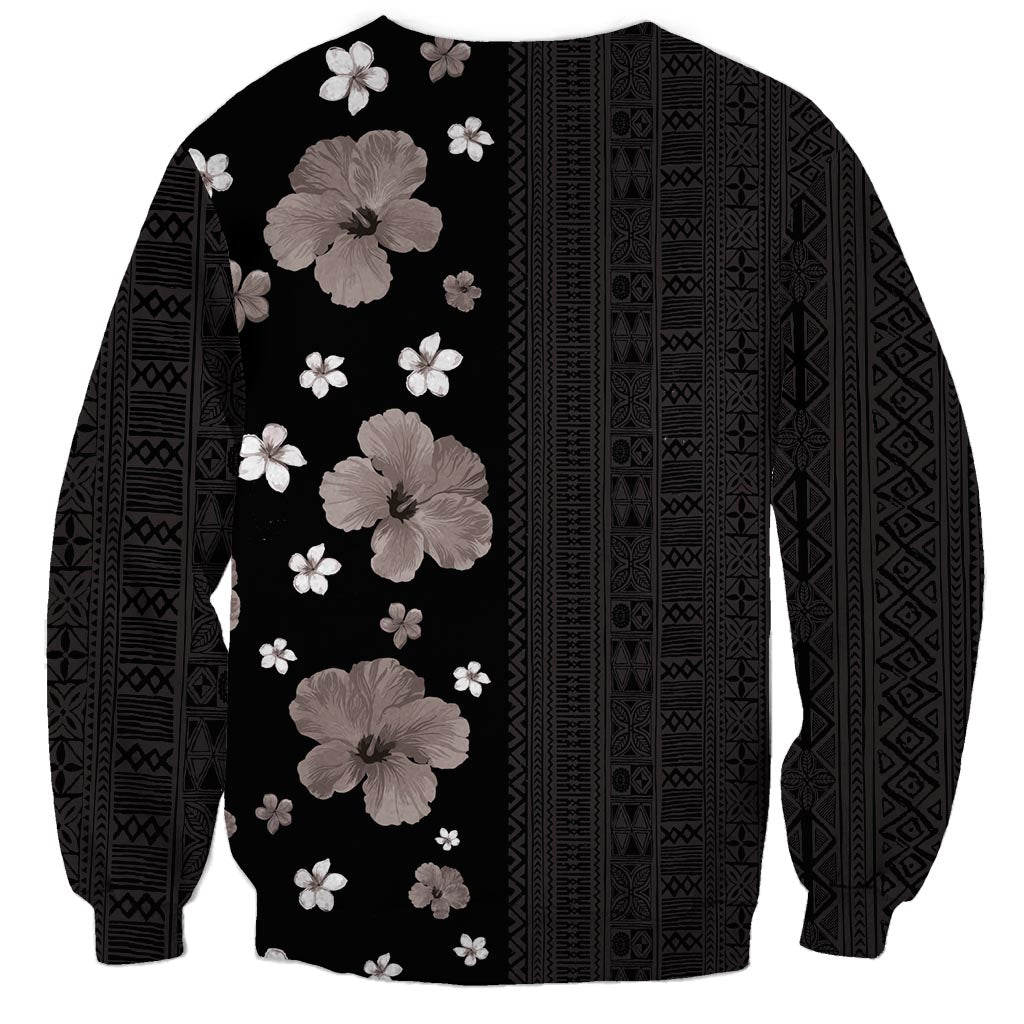 Hawaii Hibiscus and Plumeria Flowers Sweatshirt Tapa Tribal Pattern Half Style Grayscale Mode