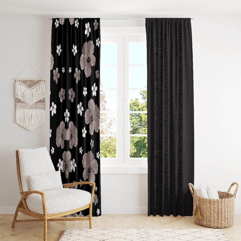 Hawaii Hibiscus and Plumeria Flowers Window Curtain Tapa Tribal Pattern Half Style Grayscale Mode