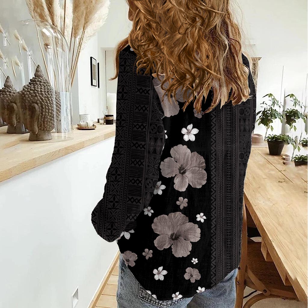 Hawaii Hibiscus and Plumeria Flowers Women Casual Shirt Tapa Tribal Pattern Half Style Grayscale Mode