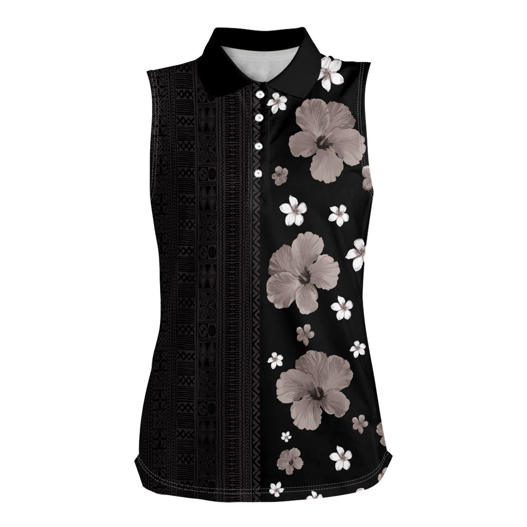 Hawaii Hibiscus and Plumeria Flowers Women Sleeveless Polo Shirt Tapa Tribal Pattern Half Style Grayscale Mode