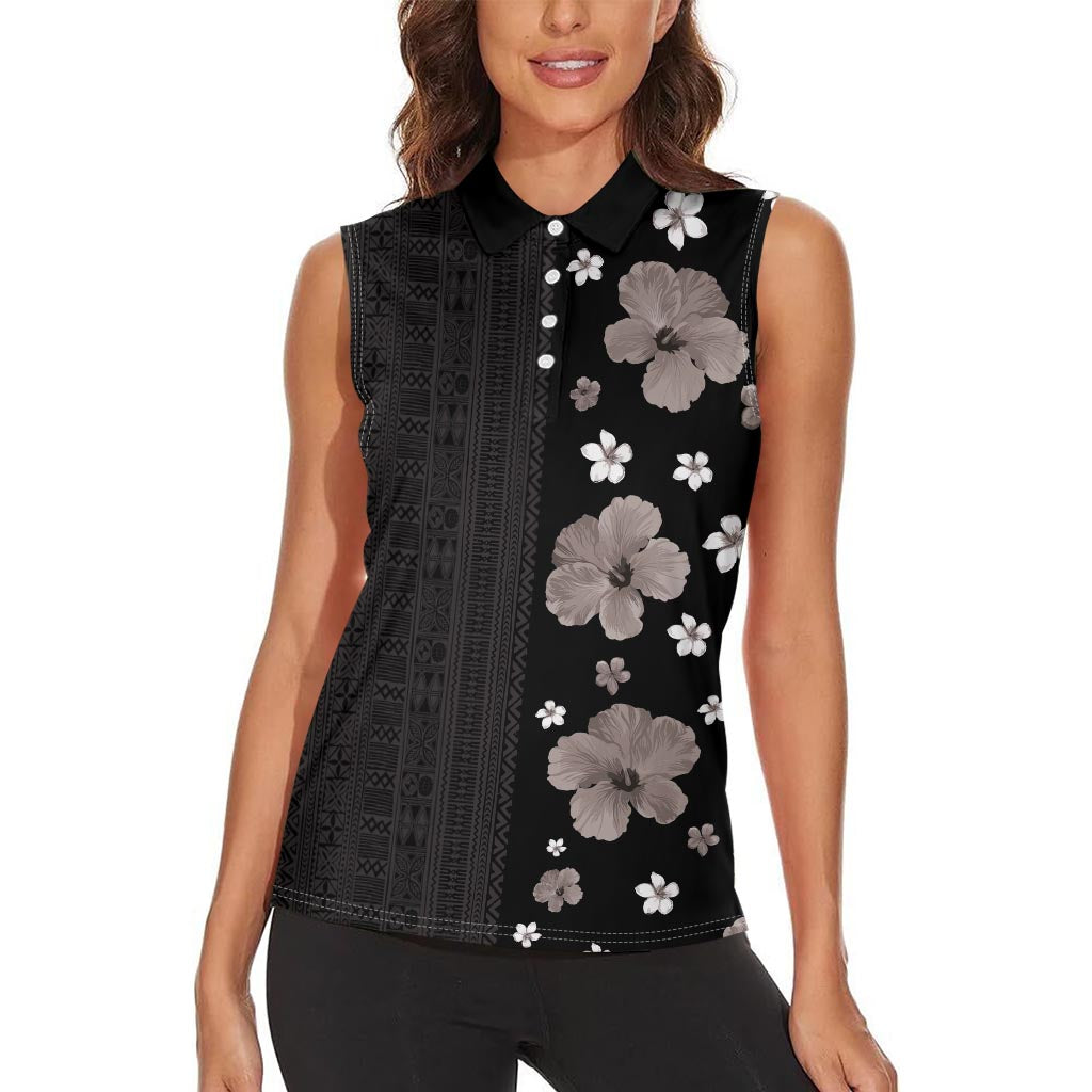 Hawaii Hibiscus and Plumeria Flowers Women Sleeveless Polo Shirt Tapa Tribal Pattern Half Style Grayscale Mode