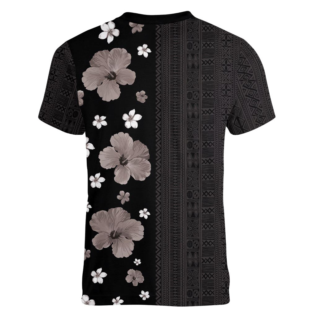 Hawaii Hibiscus and Plumeria Flowers Women V-Neck T-Shirt Tapa Tribal Pattern Half Style Grayscale Mode
