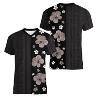 Hawaii Hibiscus and Plumeria Flowers Women V-Neck T-Shirt Tapa Tribal Pattern Half Style Grayscale Mode