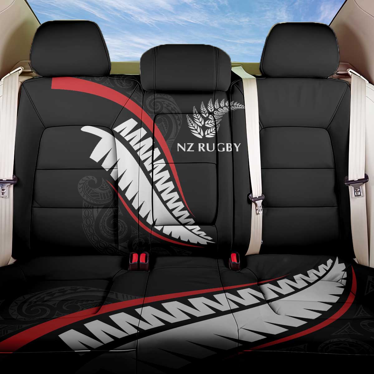 New Zealand Rugby Back Car Seat Cover Sporty Silver Fern Shape with Maori Tattoos LT03 One Size Black - Polynesian Pride