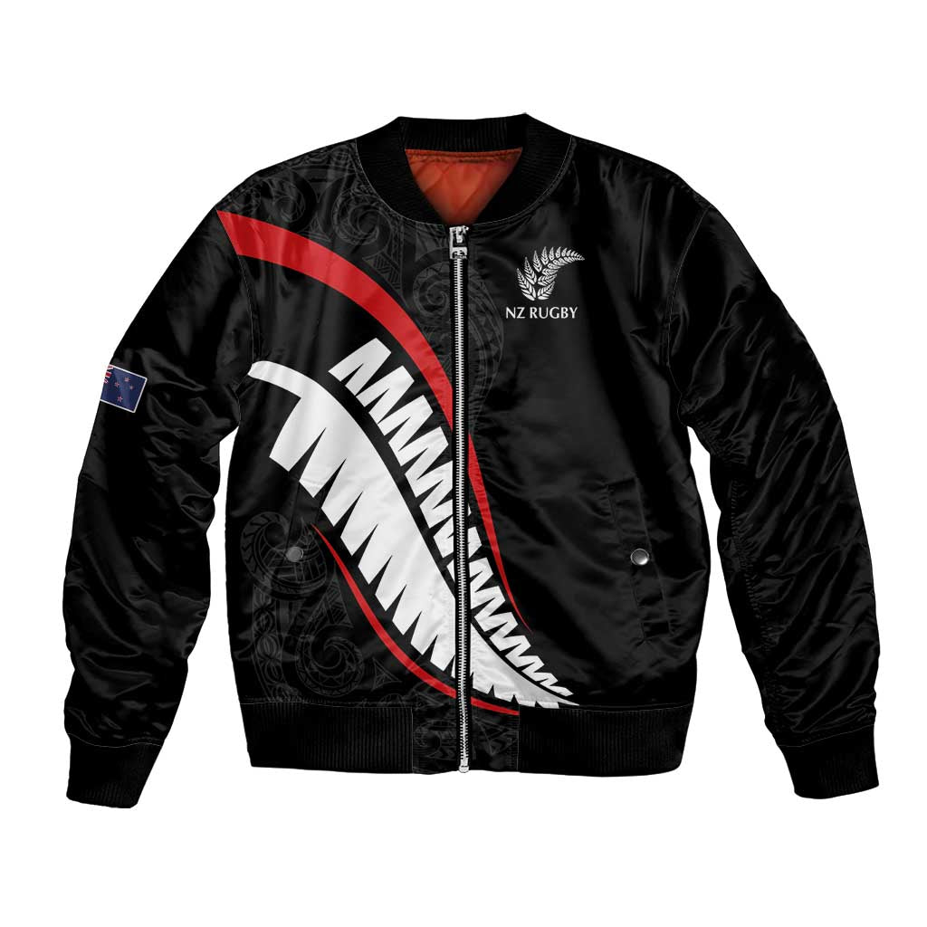 New Zealand Rugby Custom Bomber Jacket Sporty Silver Fern Shape with Maori Tattoos LT03 Unisex Black - Polynesian Pride