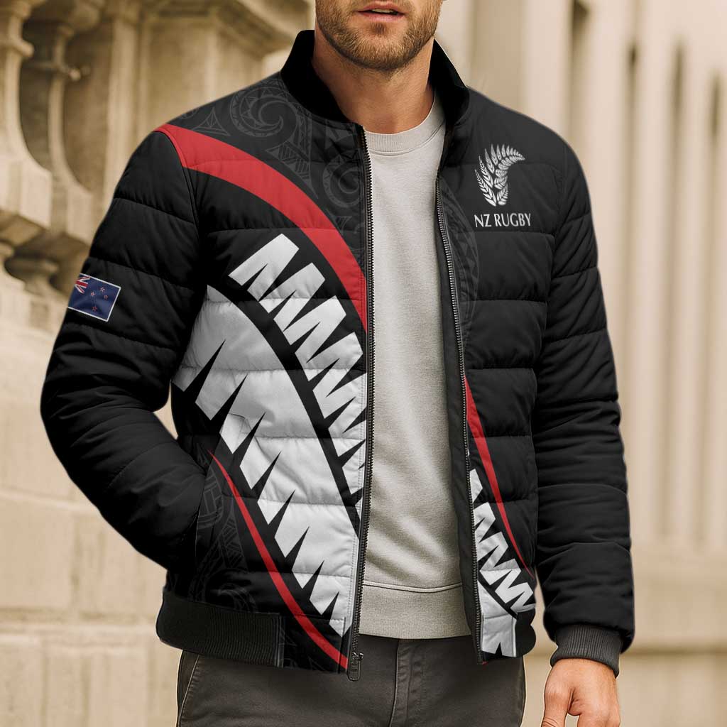 New Zealand Rugby Custom Bomber Puffer Jacket Sporty Silver Fern Shape with Maori Tattoos - Polynesian Pride