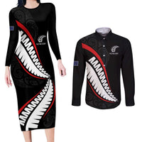 New Zealand Rugby Custom Couples Matching Long Sleeve Bodycon Dress and Long Sleeve Button Shirt Sporty Silver Fern Shape with Maori Tattoos LT03 Black - Polynesian Pride