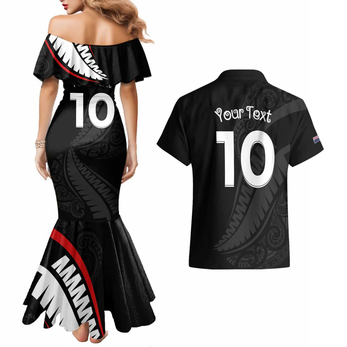 New Zealand Rugby Custom Couples Matching Mermaid Dress and Hawaiian Shirt Sporty Silver Fern Shape with Maori Tattoos LT03 - Polynesian Pride