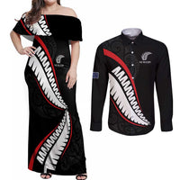 New Zealand Rugby Custom Couples Matching Off Shoulder Maxi Dress and Long Sleeve Button Shirt Sporty Silver Fern Shape with Maori Tattoos LT03 Black - Polynesian Pride