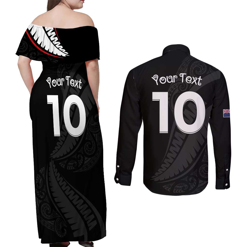 New Zealand Rugby Custom Couples Matching Off Shoulder Maxi Dress and Long Sleeve Button Shirt Sporty Silver Fern Shape with Maori Tattoos LT03 - Polynesian Pride
