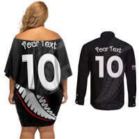 New Zealand Rugby Custom Couples Matching Off Shoulder Short Dress and Long Sleeve Button Shirt Sporty Silver Fern Shape with Maori Tattoos LT03 - Polynesian Pride