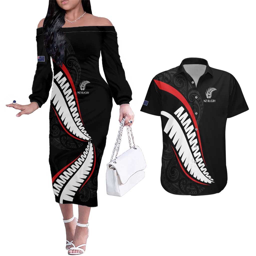 New Zealand Rugby Custom Couples Matching Off The Shoulder Long Sleeve Dress and Hawaiian Shirt Sporty Silver Fern Shape with Maori Tattoos - Polynesian Pride