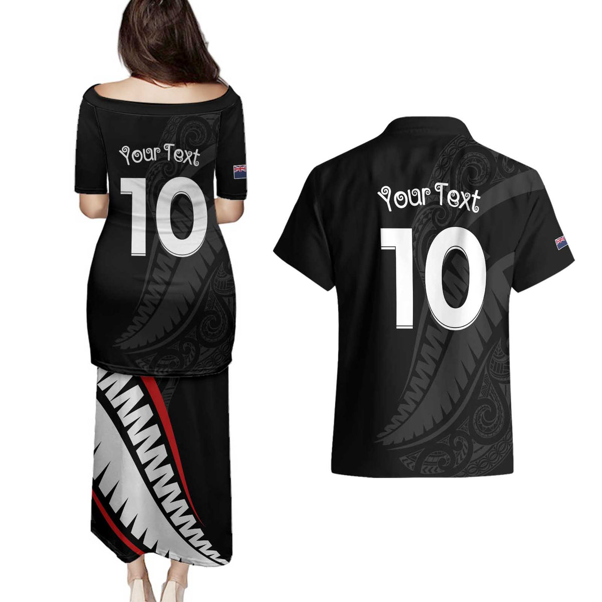 New Zealand Rugby Custom Couples Matching Puletasi and Hawaiian Shirt Sporty Silver Fern Shape with Maori Tattoos LT03 - Polynesian Pride